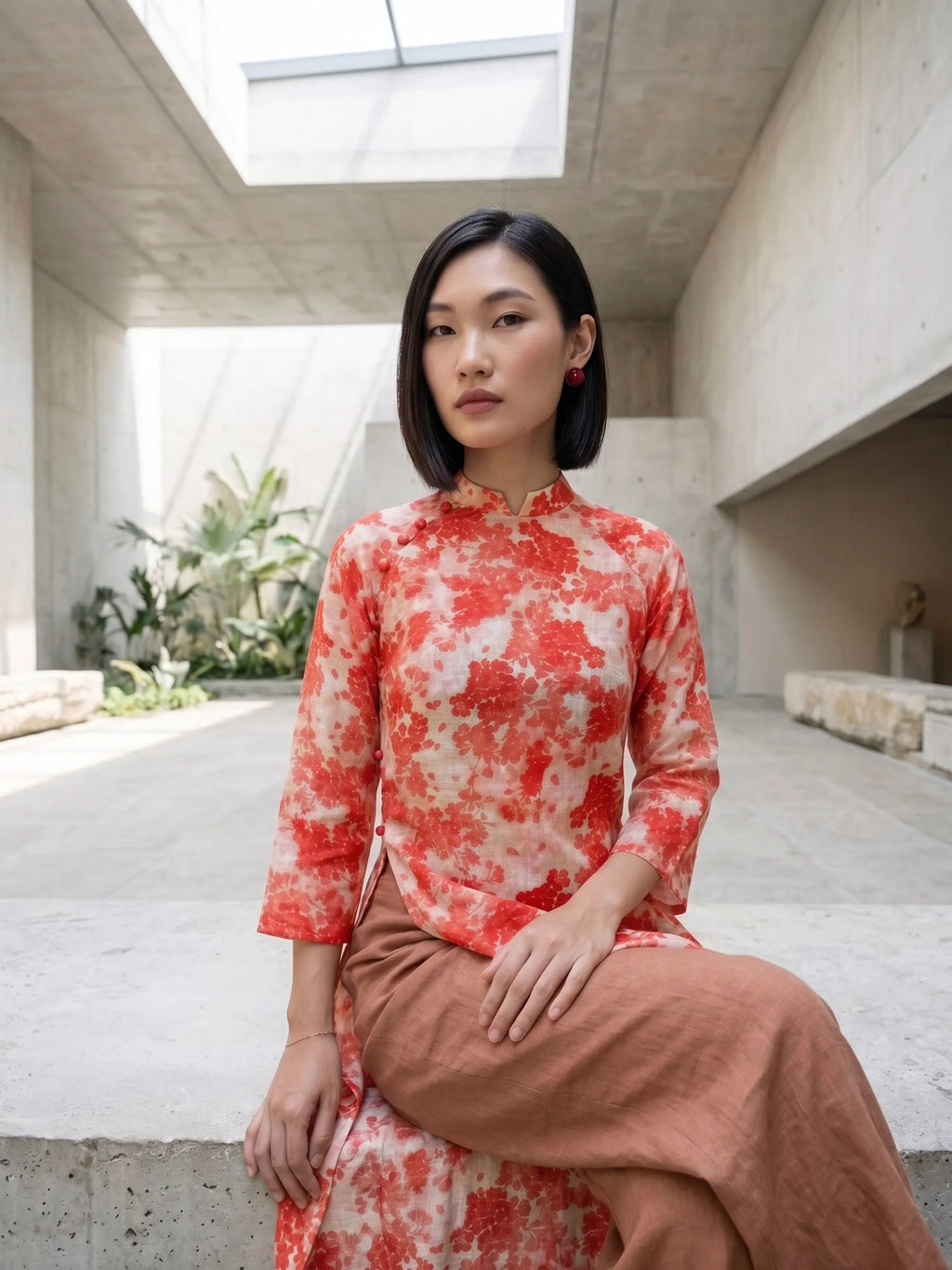Áo dài hoa vải gai xanh ramie thời trang Hity 