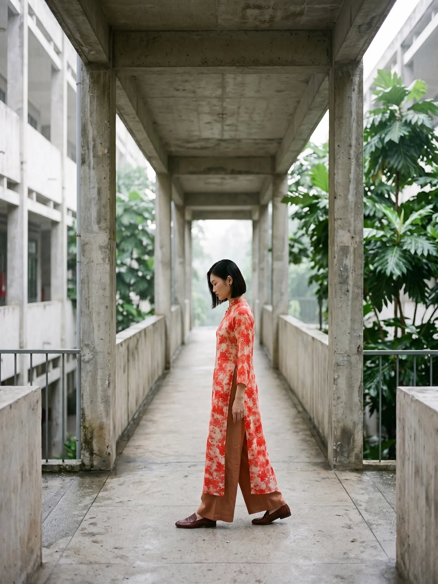 Áo dài hoa vải gai xanh ramie thời trang Hity 