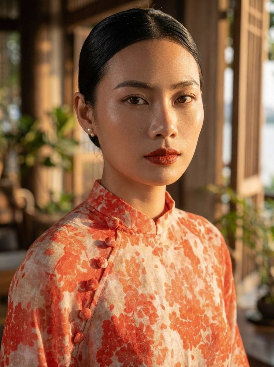 Áo dài hoa vải gai xanh ramie thời trang Hity 