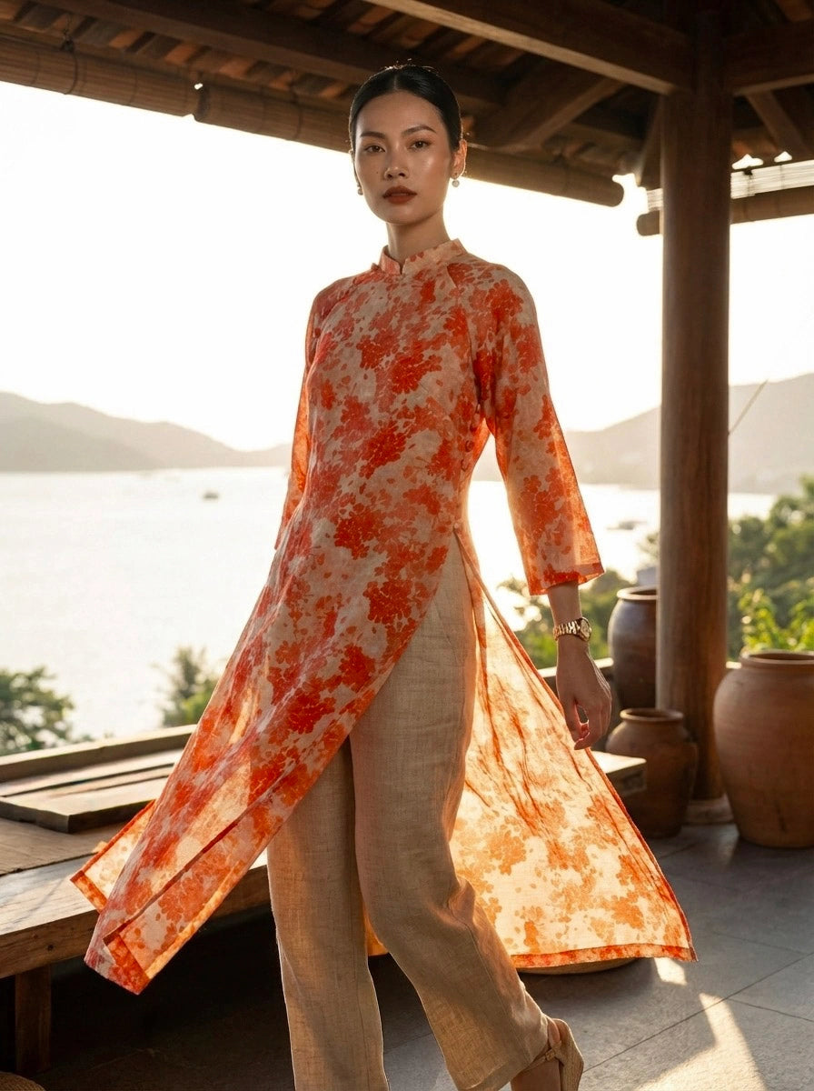 Áo dài hoa vải gai xanh ramie thời trang Hity 