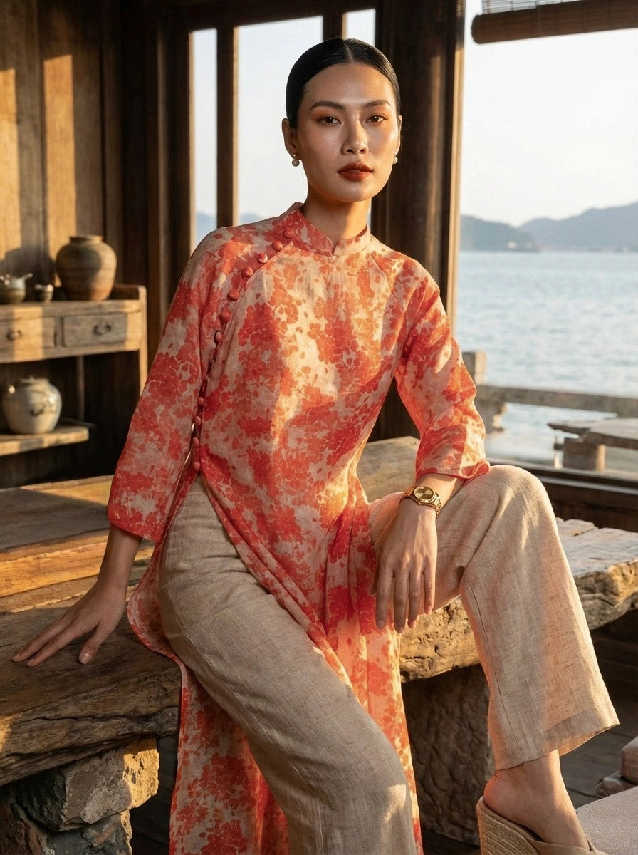 Áo dài hoa vải gai xanh ramie thời trang Hity 