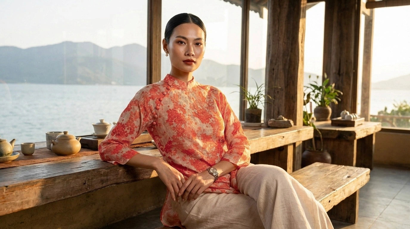 Áo dài hoa vải gai xanh ramie thời trang Hity 