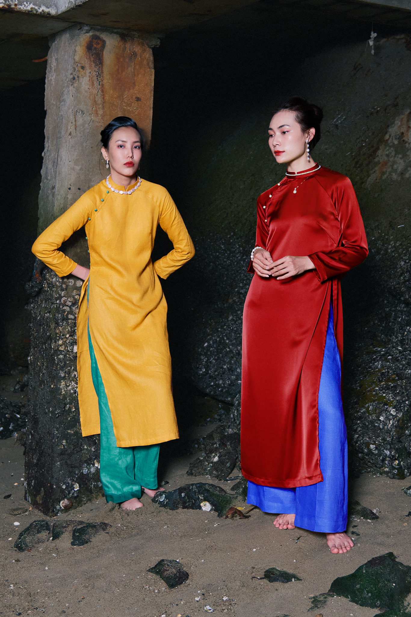 Áo dài linen vàng suông tay raglan thời trang Hity