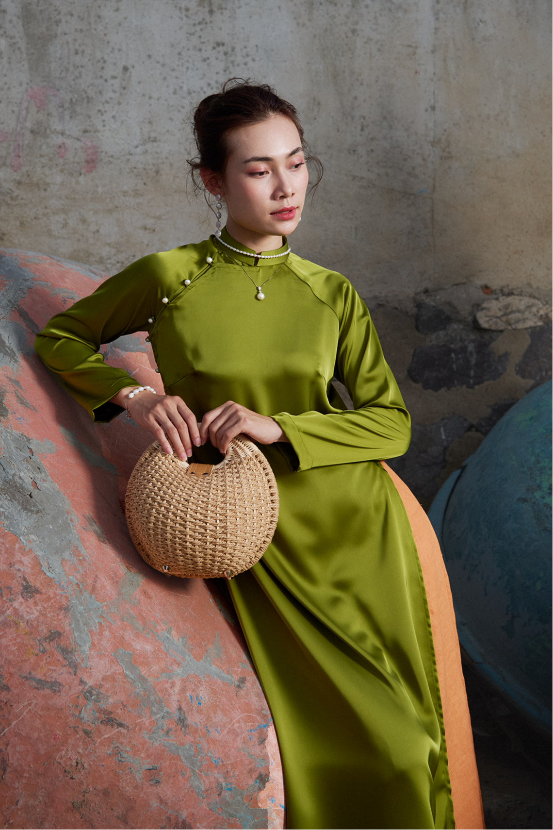 Áo dài raglan cổ hò xanh mạ thời trang Hity