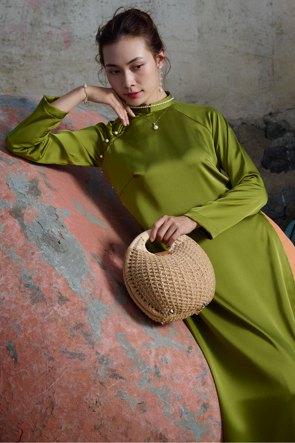 Áo dài raglan cổ hò xanh mạ thời trang Hity
