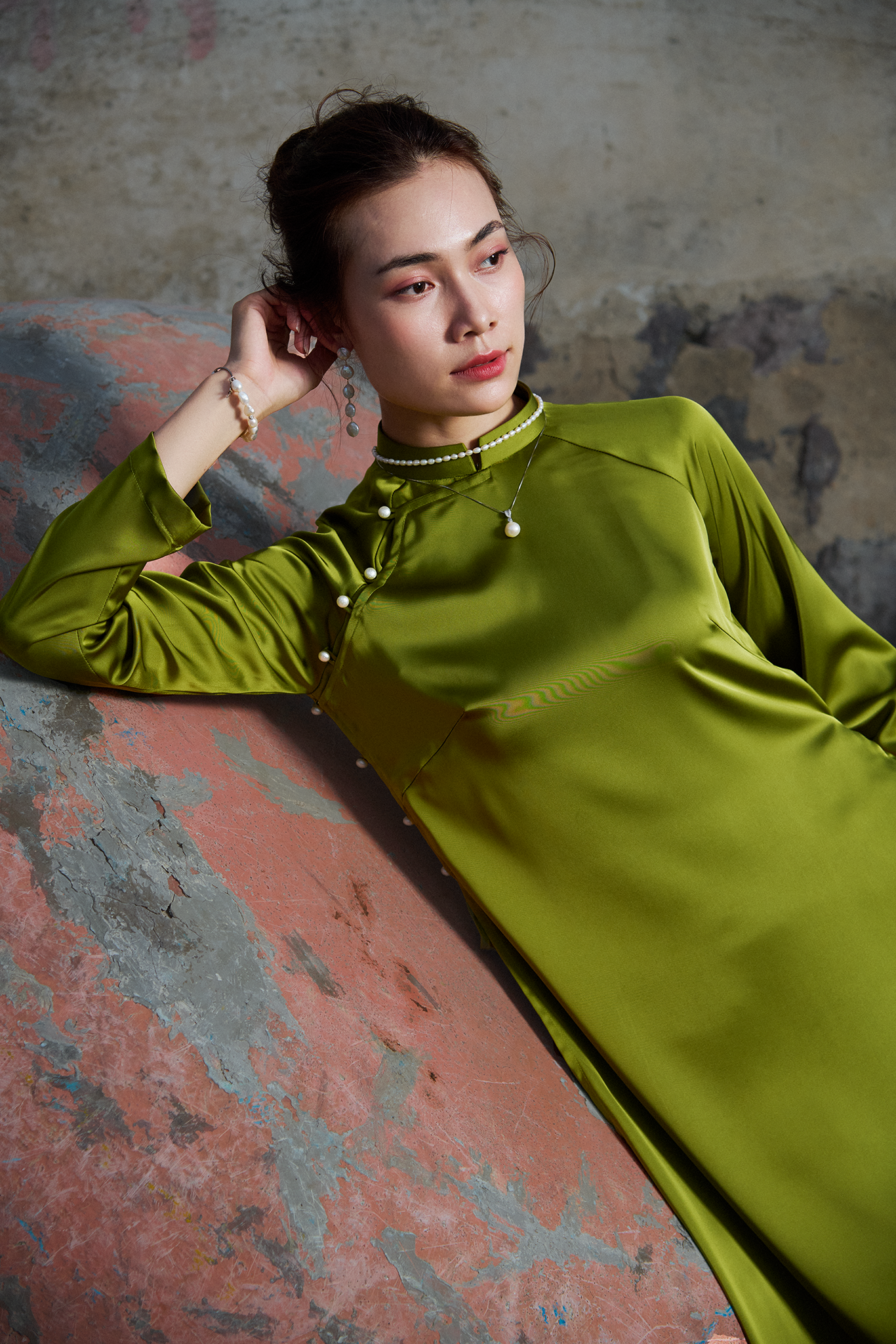 Áo dài raglan cổ hò xanh mạ thời trang Hity