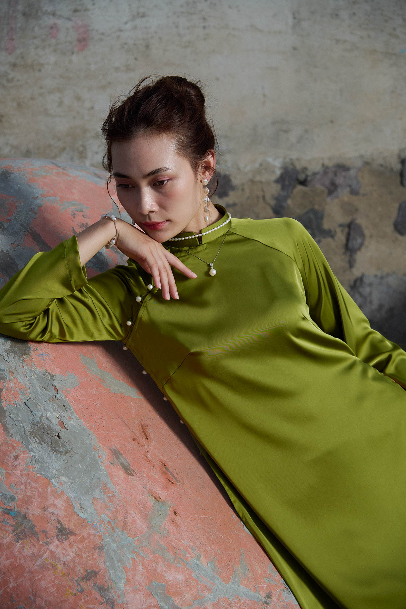 Áo dài raglan cổ hò xanh mạ thời trang Hity