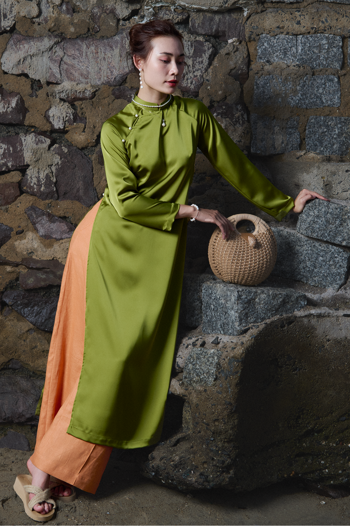 Áo dài raglan cổ hò xanh mạ thời trang Hity