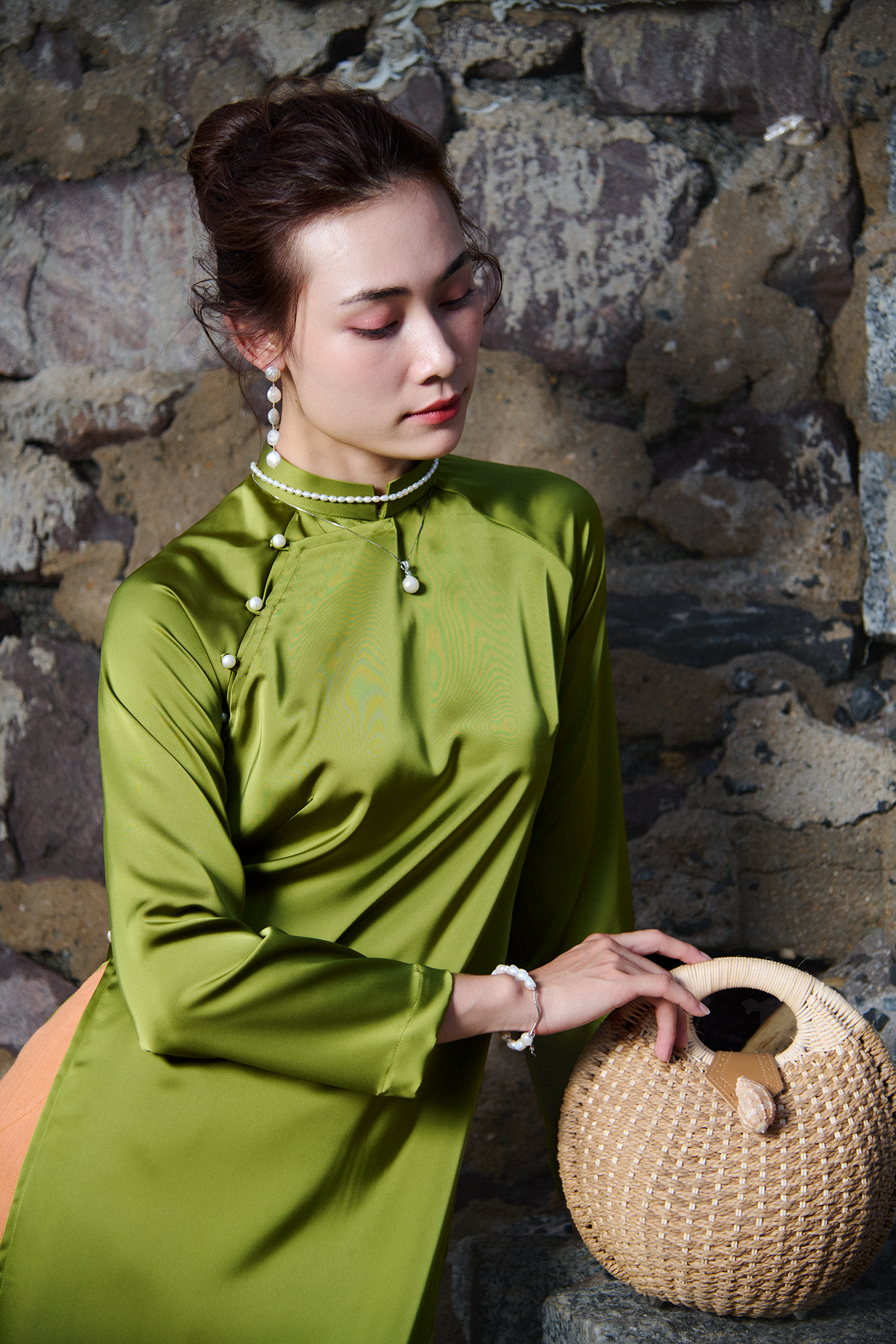 Áo dài raglan cổ hò xanh mạ thời trang Hity