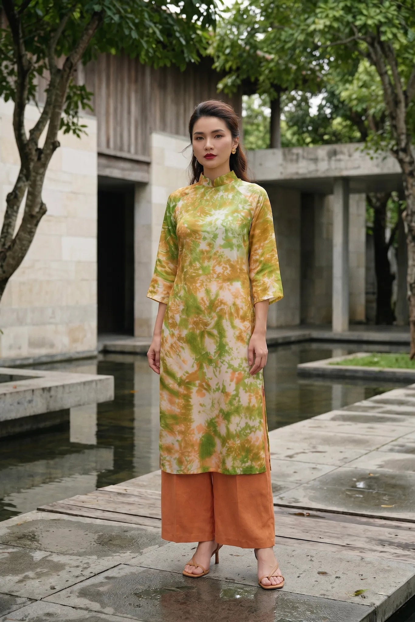 Áo dài lụa tơ tằm nhuộm loang tiedye thời trang Hity