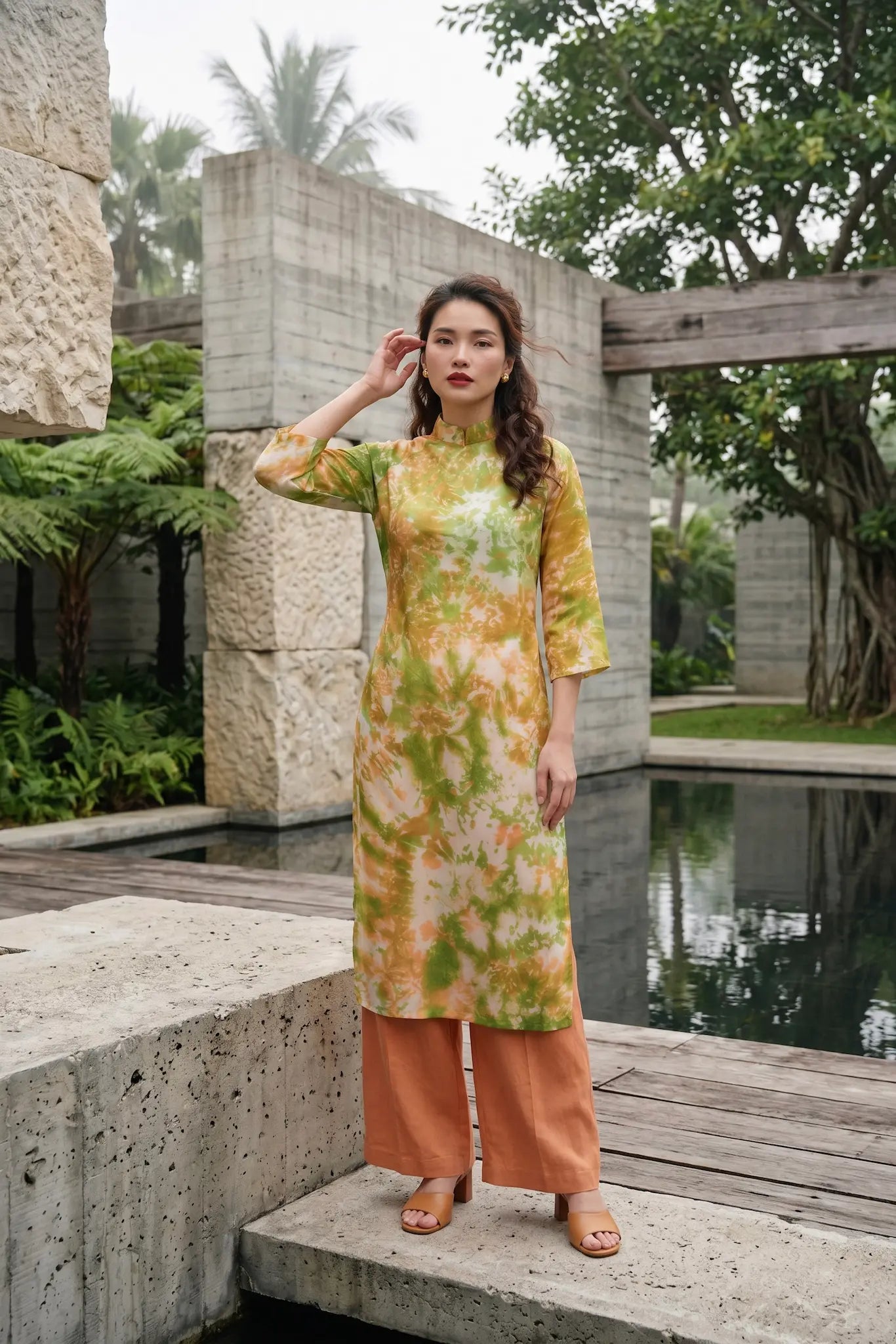 Áo dài lụa tơ tằm nhuộm loang tiedye thời trang Hity