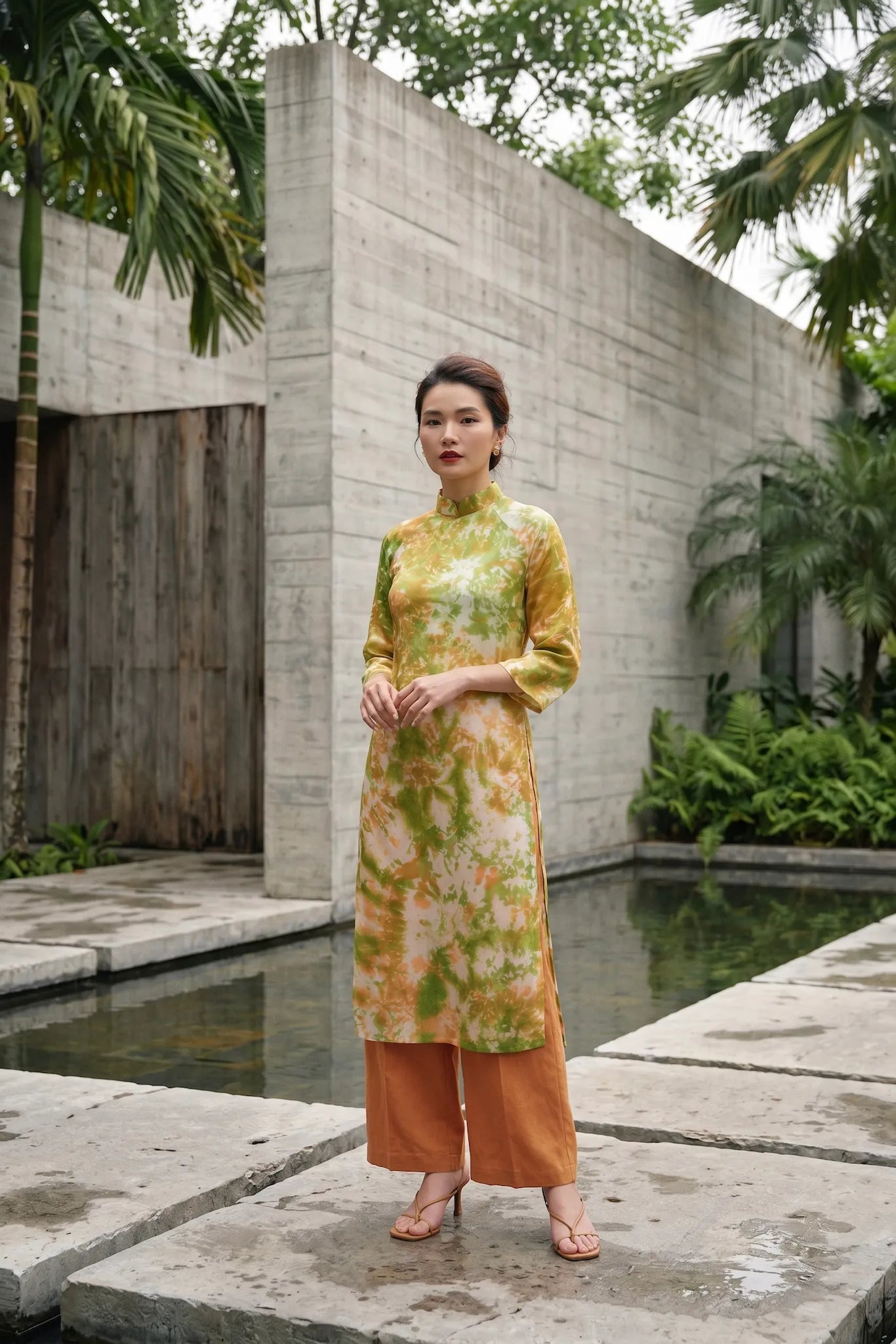 Áo dài lụa tơ tằm nhuộm loang tiedye thời trang Hity
