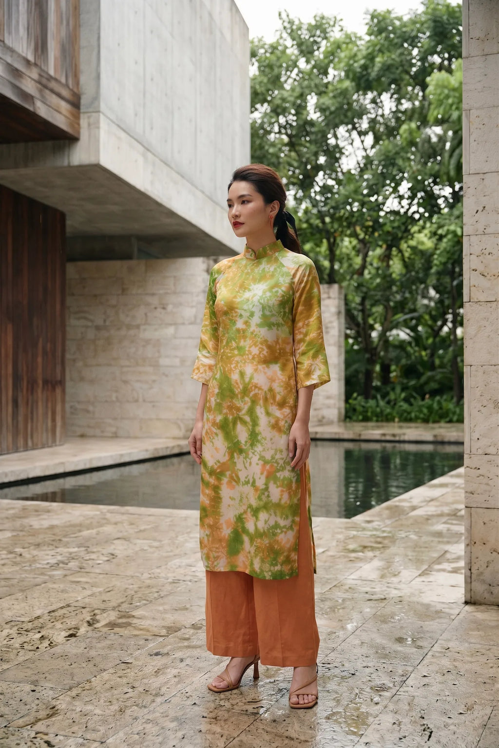 Áo dài lụa tơ tằm nhuộm loang tiedye thời trang Hity