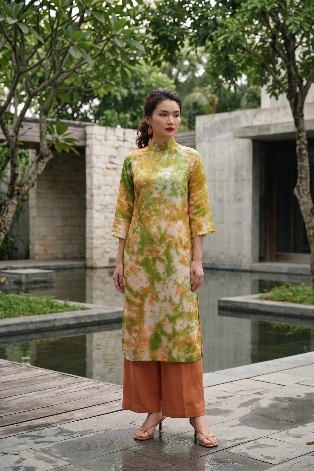 Áo dài lụa tơ tằm nhuộm loang tiedye thời trang Hity