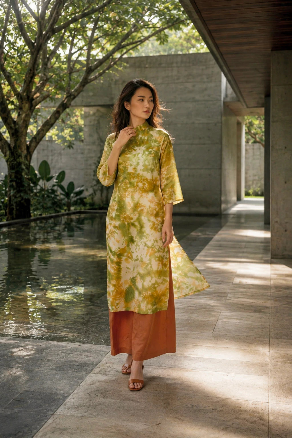 Áo dài lụa tơ tằm nhuộm loang tiedye thời trang Hity