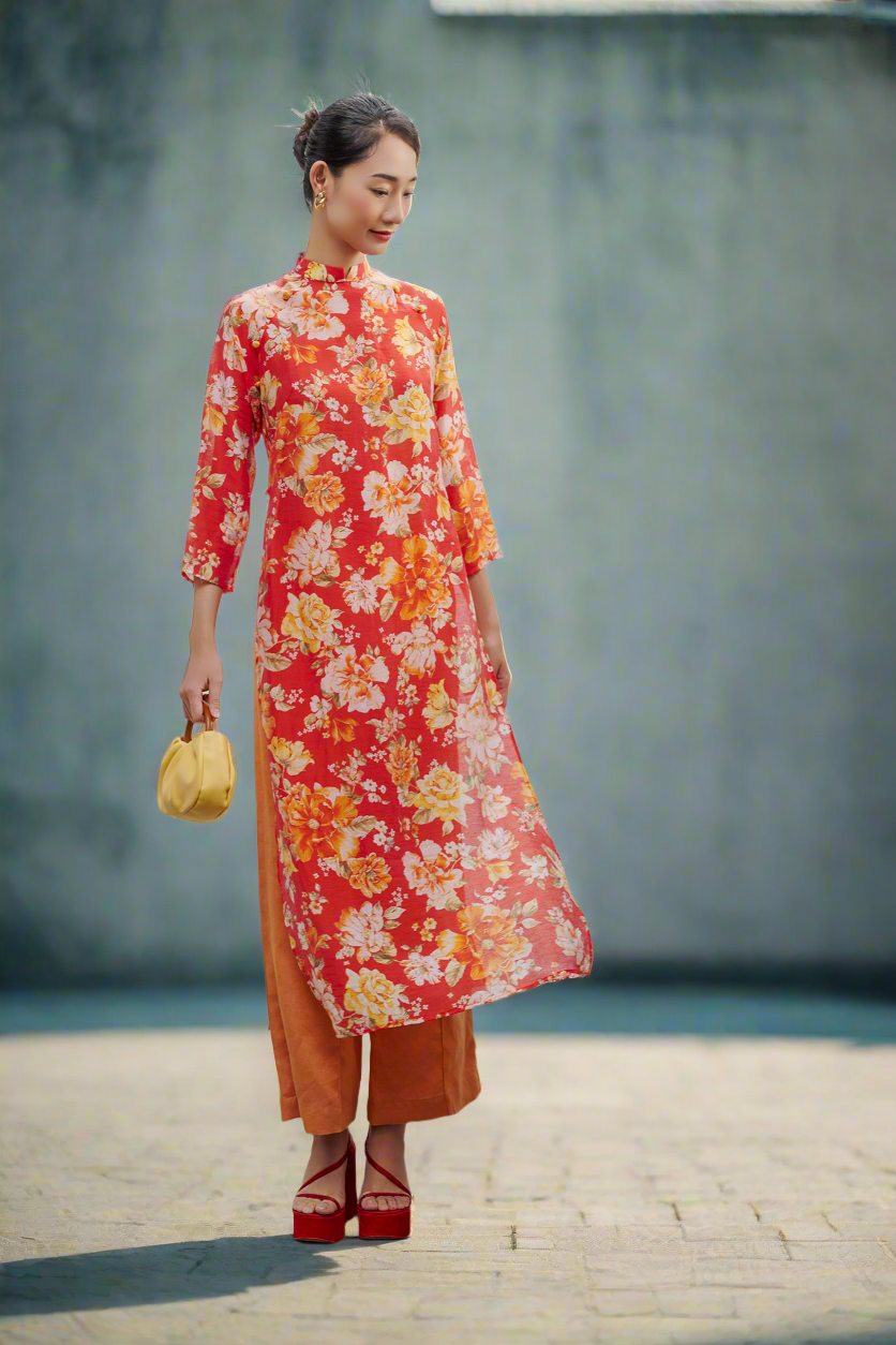 Áo dài tay raglan linen hoa mẫu đơn thời trang Hity