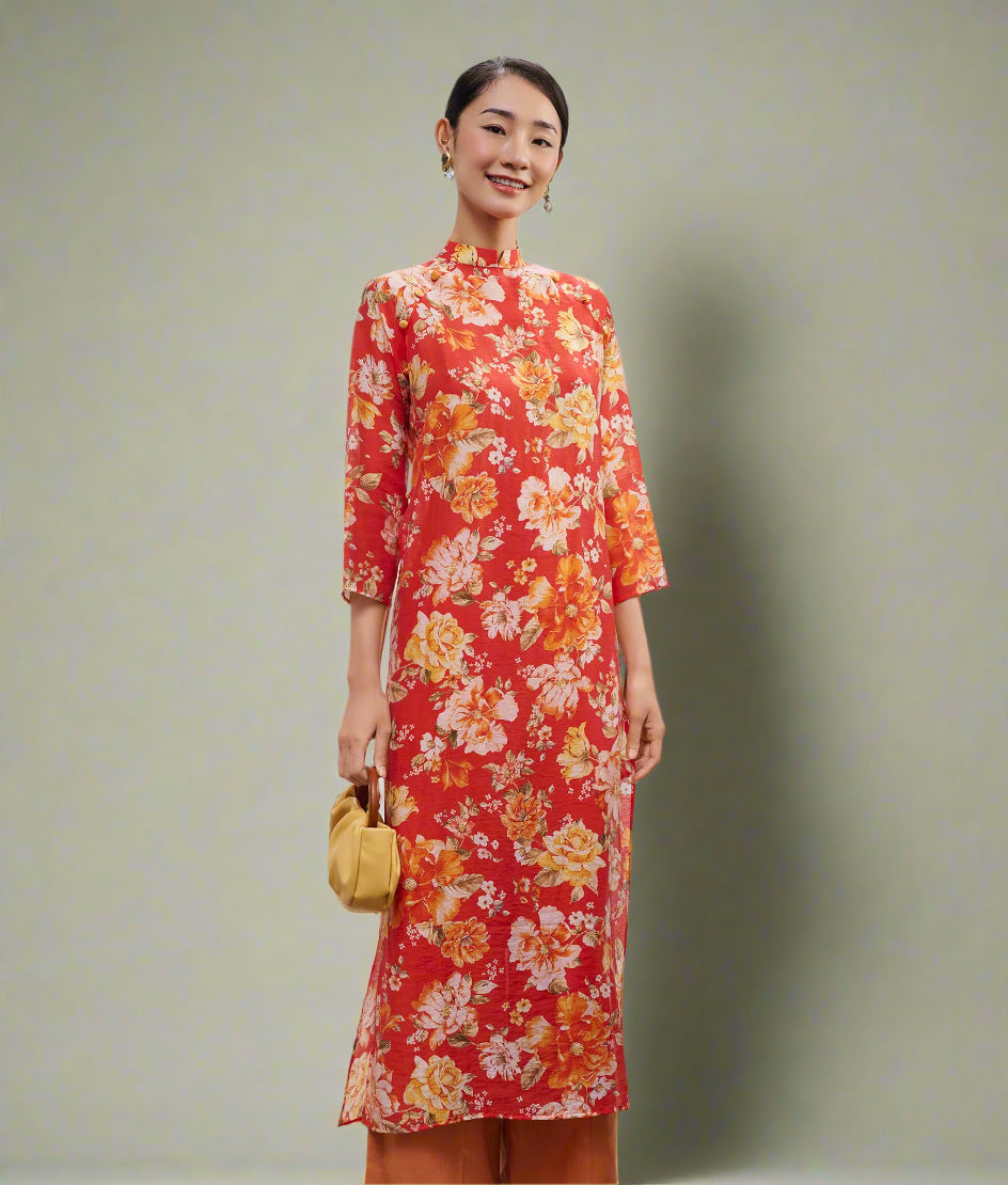 Áo dài tay raglan linen hoa mẫu đơn thời trang Hity