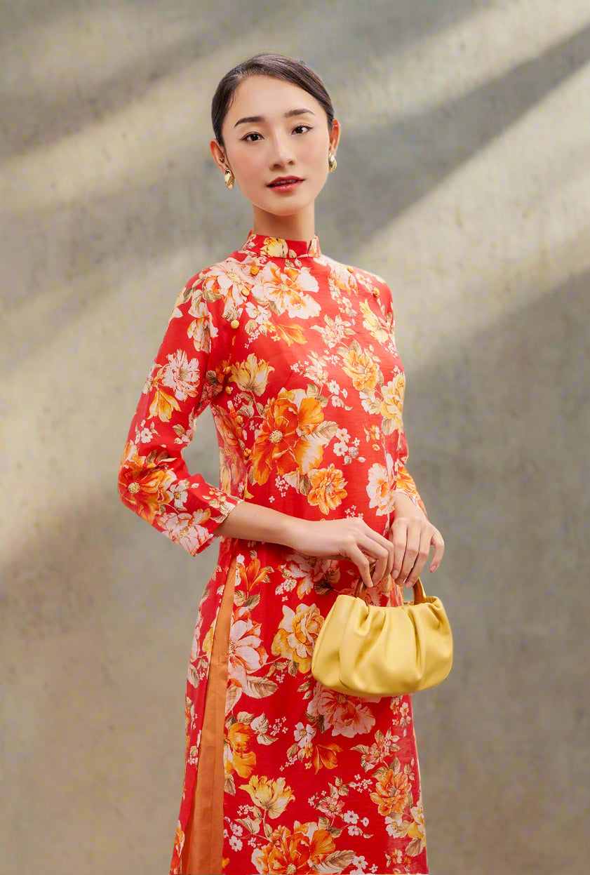 Áo dài tay raglan linen hoa mẫu đơn thời trang Hity