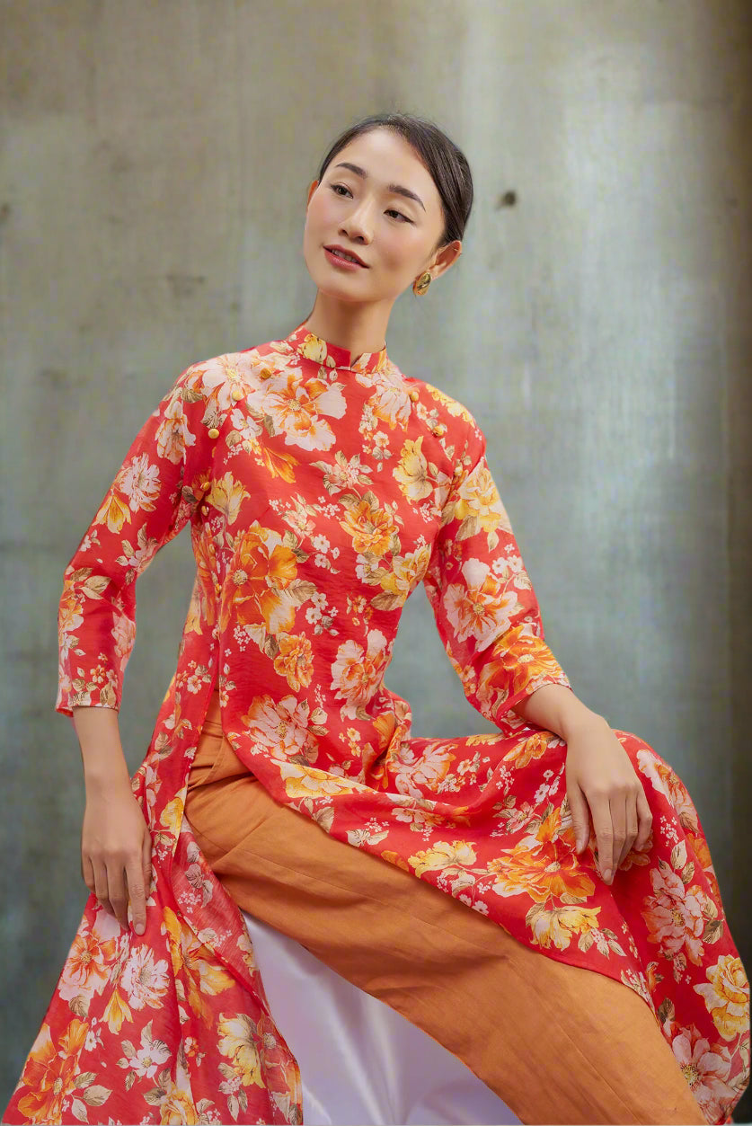 Áo dài tay raglan linen hoa mẫu đơn thời trang Hity