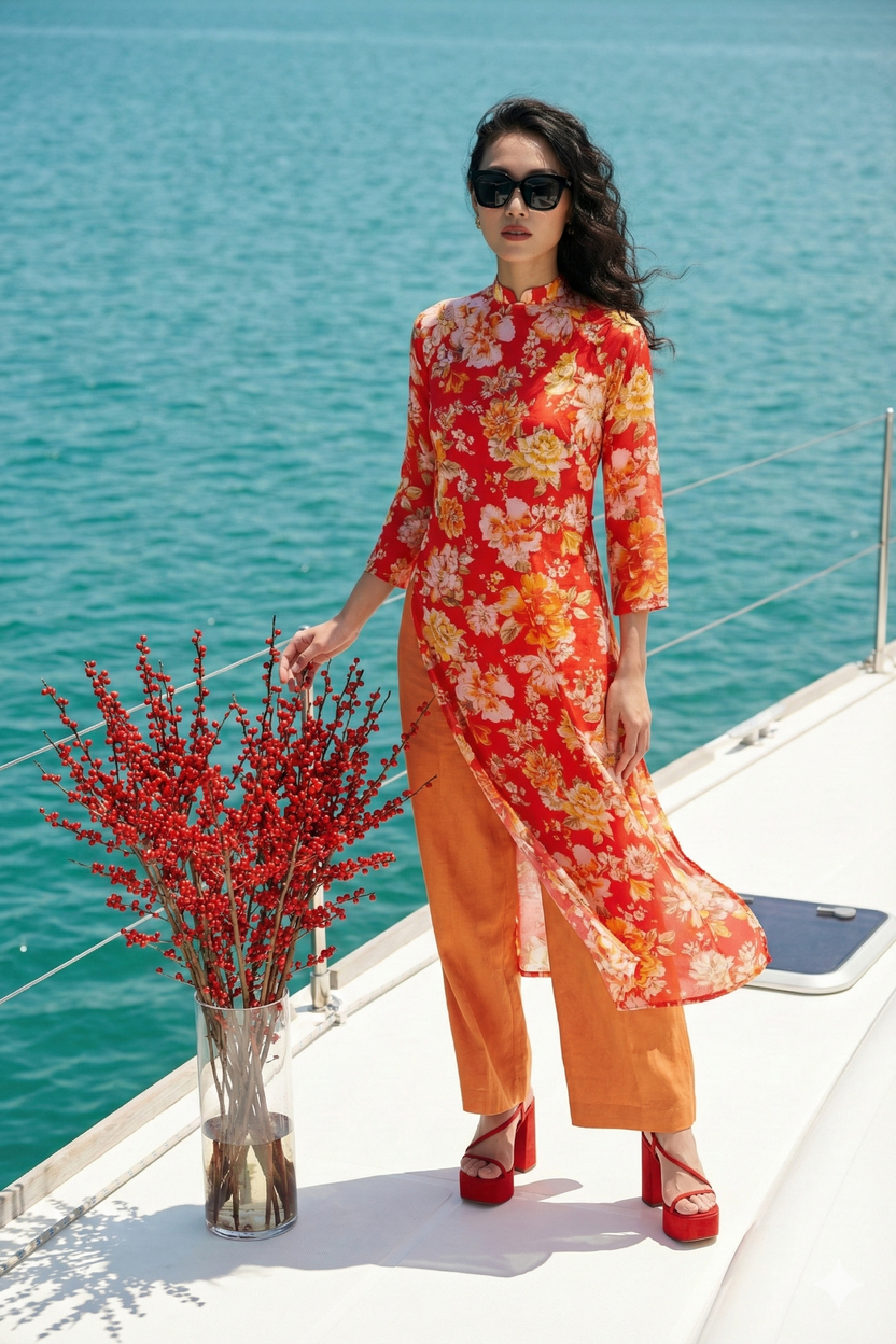 Áo dài suông linen hoa mẫu đơn thời trang Hity