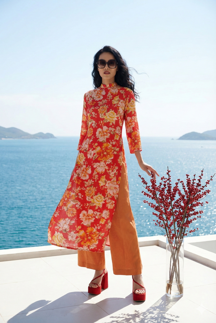 Áo dài suông linen hoa mẫu đơn thời trang Hity