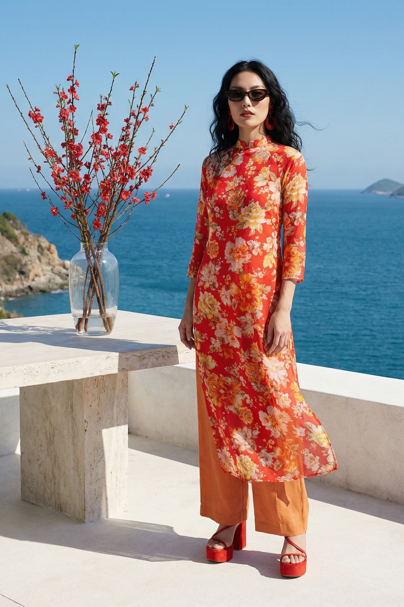 Áo dài suông linen hoa mẫu đơn thời trang Hity