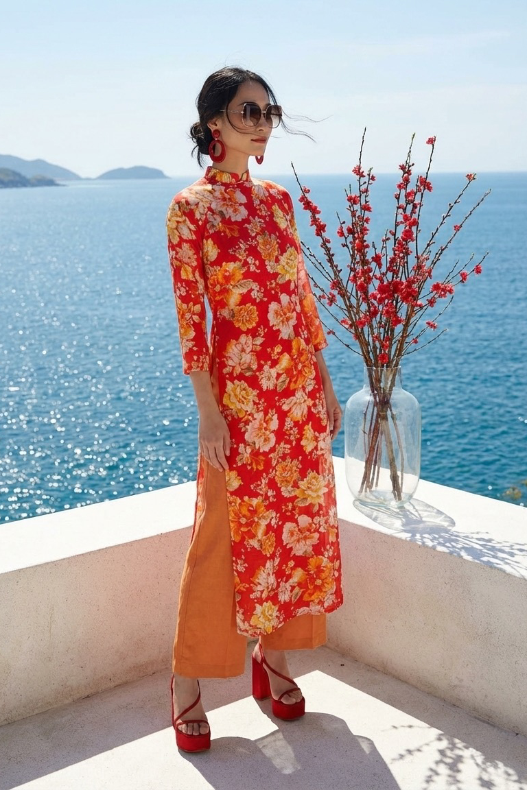 Áo dài suông linen hoa mẫu đơn thời trang Hity