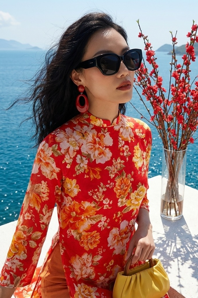 Áo dài suông linen hoa mẫu đơn thời trang Hity