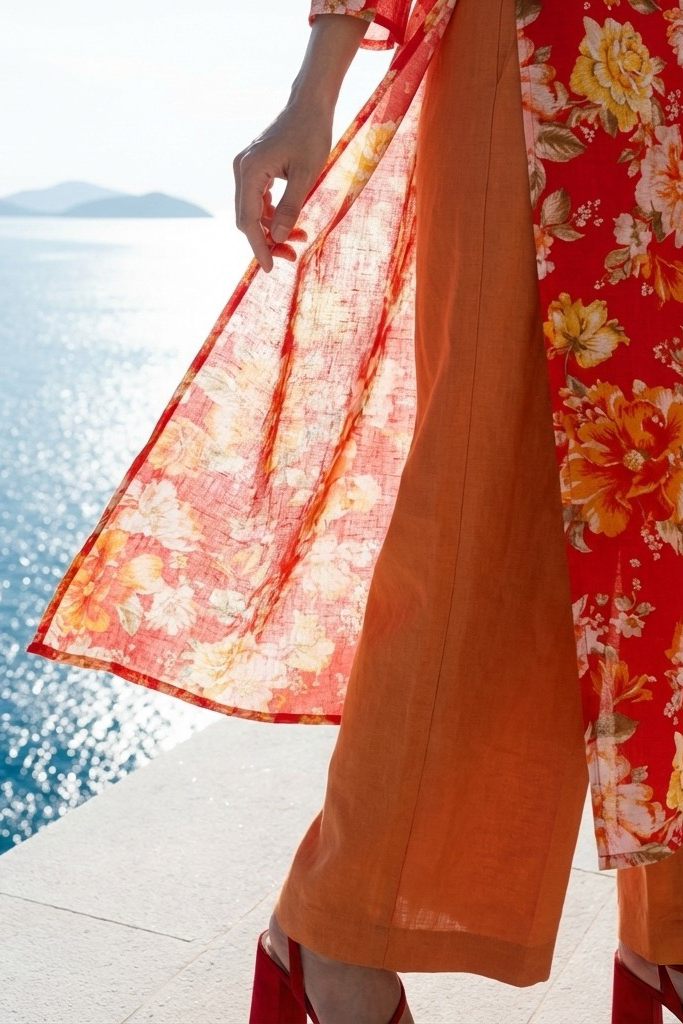 Áo dài suông linen hoa mẫu đơn thời trang Hity