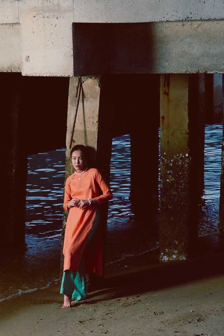 Áo dài suông tay raglan linen cam thời trang Hity 