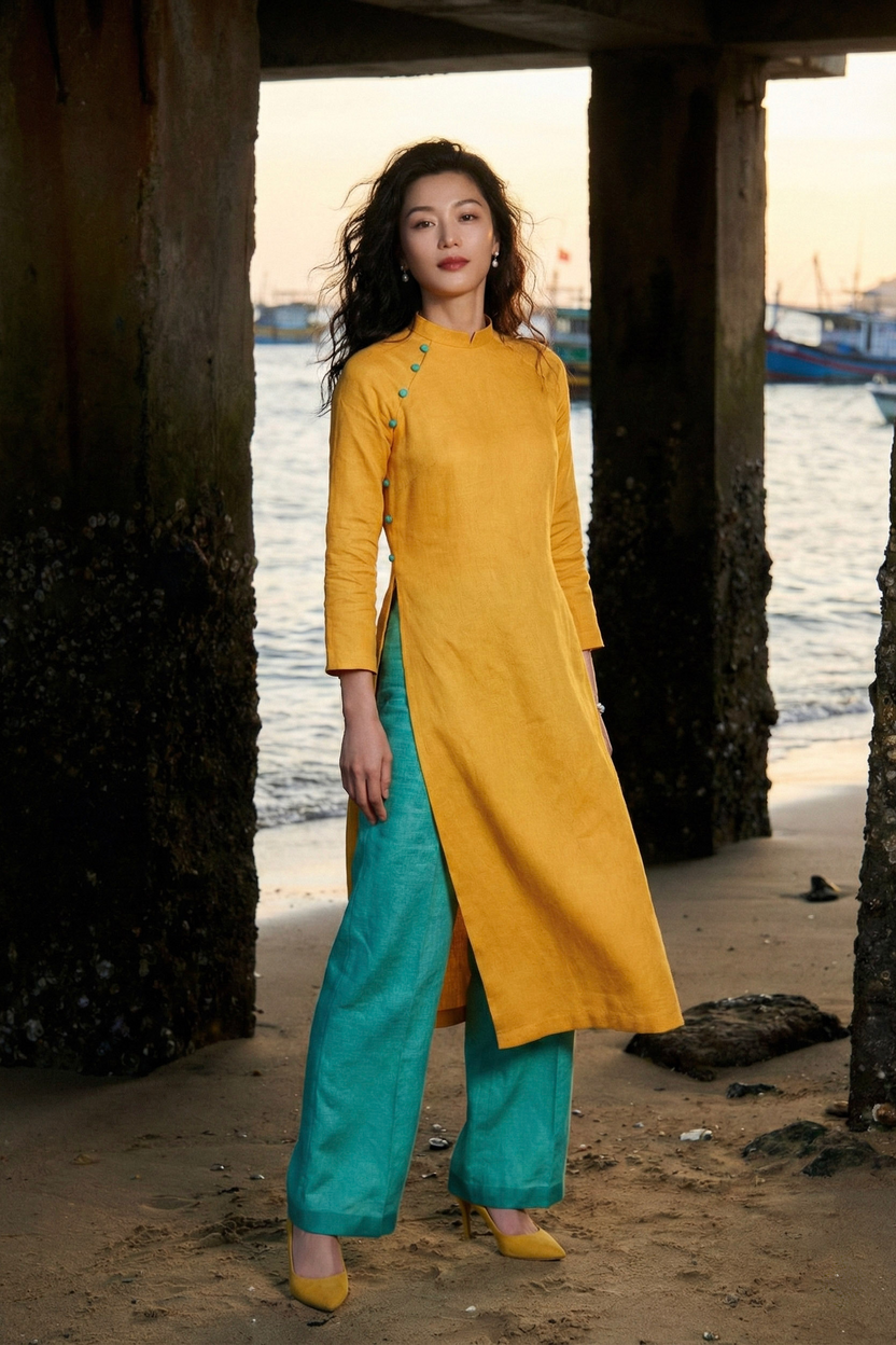 Áo dài linen vàng tay raglan thời trang Hity