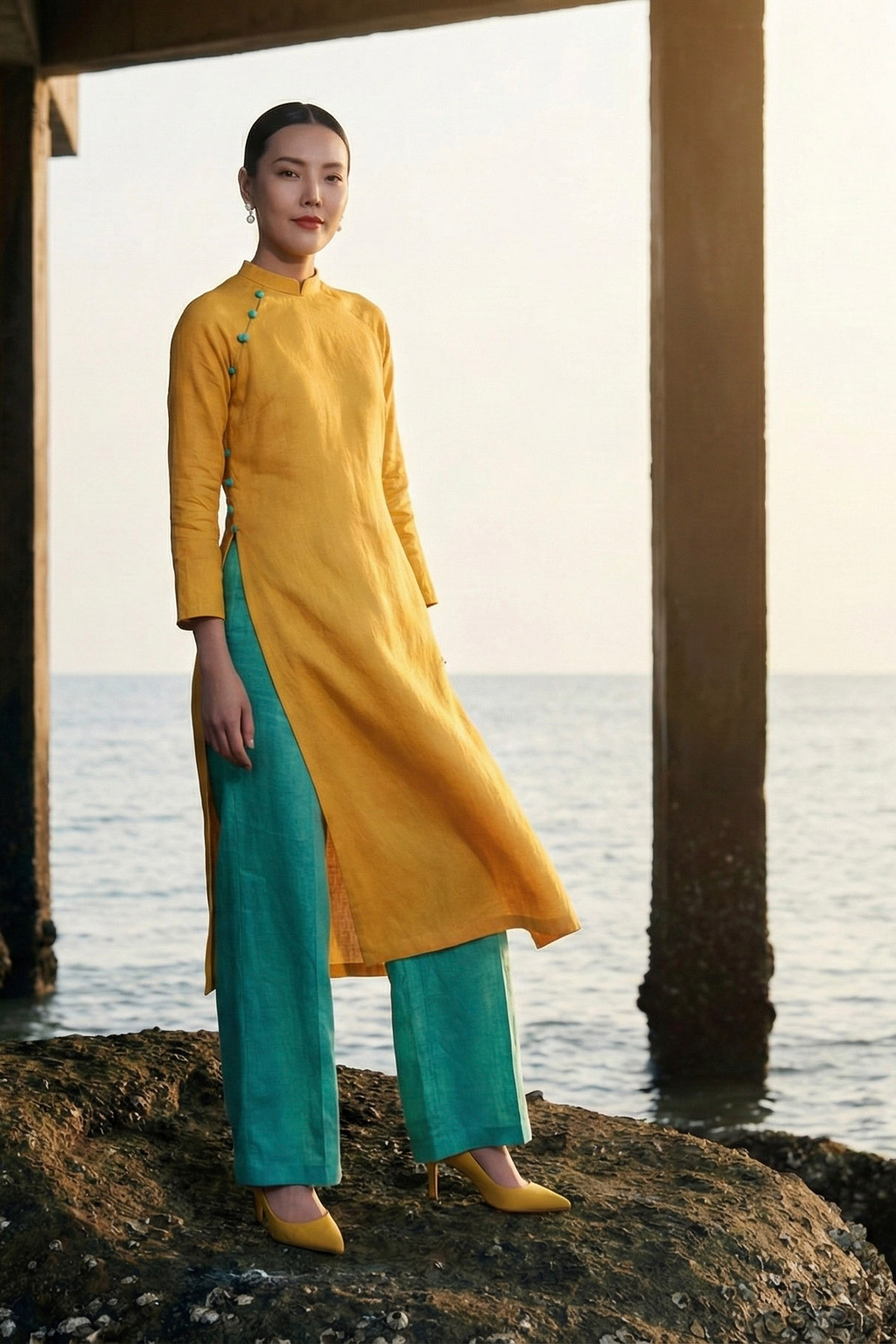 Áo dài linen vàng tay raglan thời trang Hity