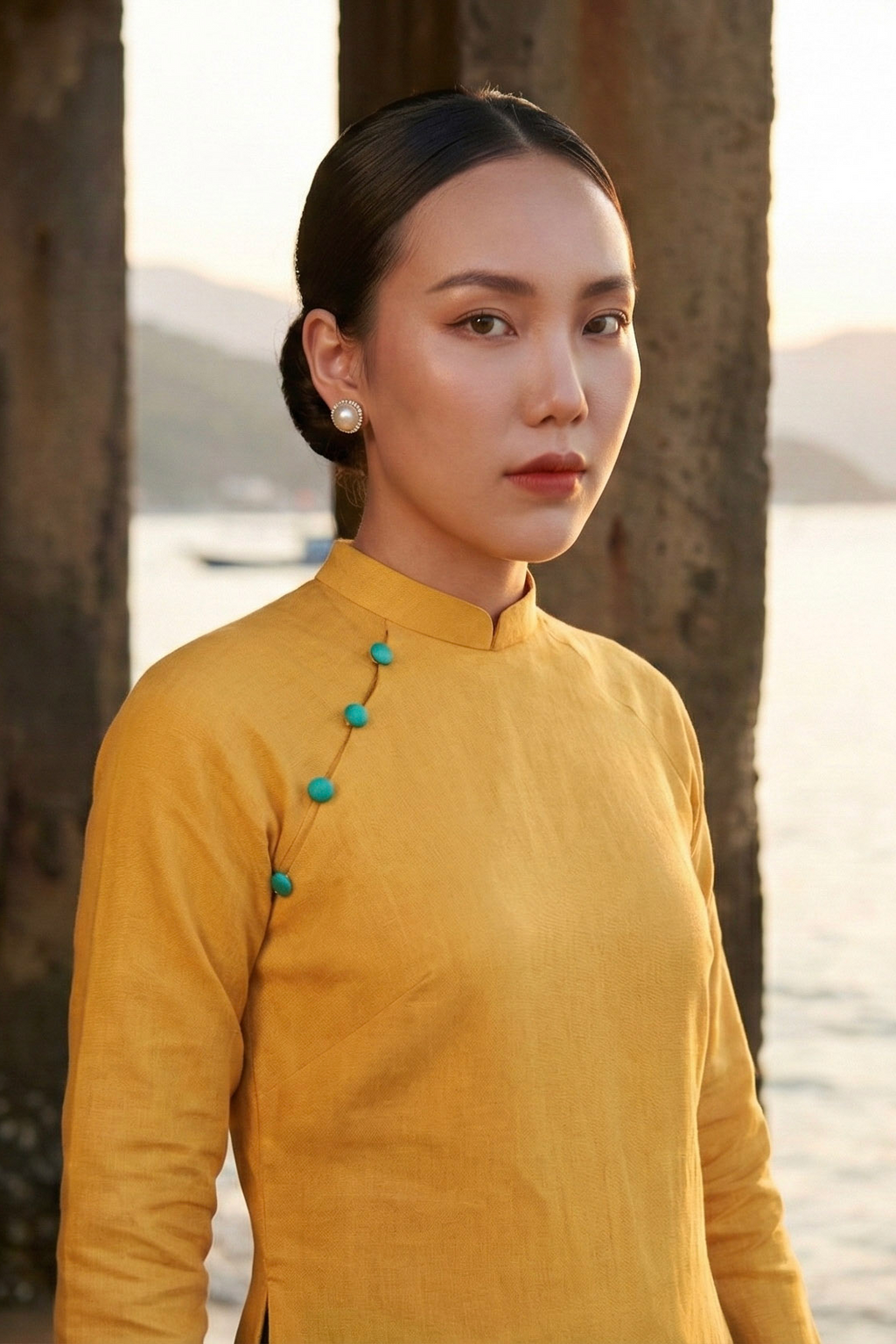 Áo dài linen vàng tay raglan thời trang Hity