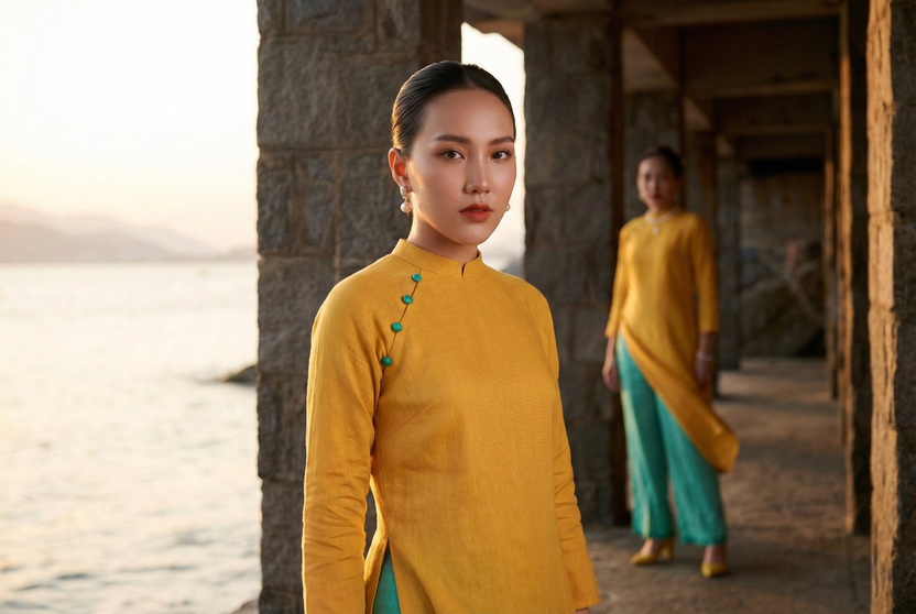 Áo dài linen vàng tay raglan thời trang Hity