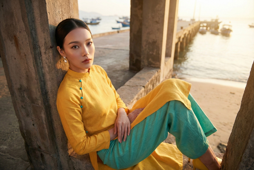 Áo dài linen vàng tay raglan thời trang Hity