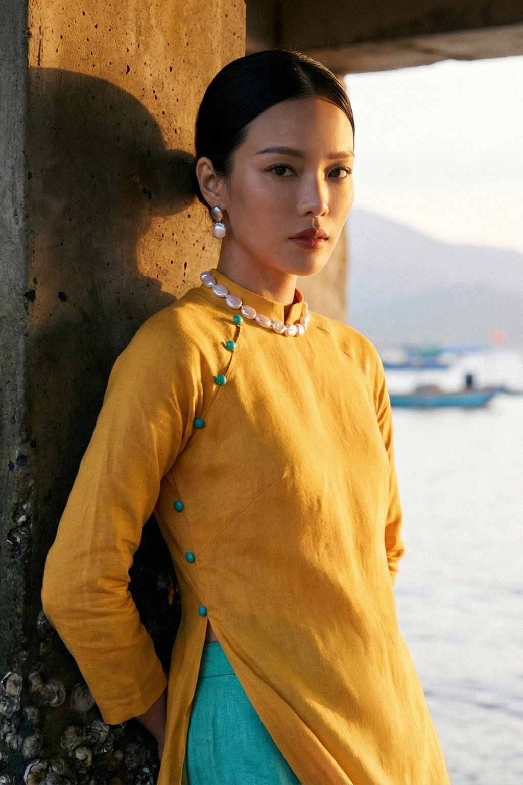 Áo dài linen vàng tay raglan thời trang Hity