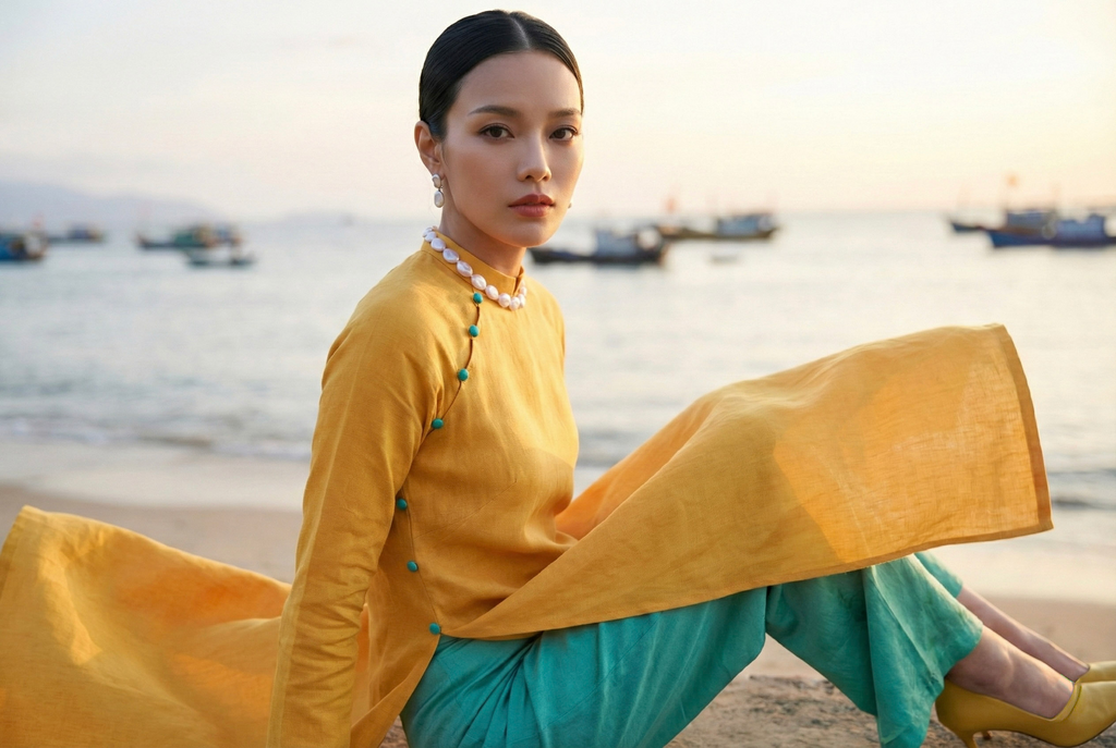 Áo dài linen vàng tay raglan thời trang Hity
