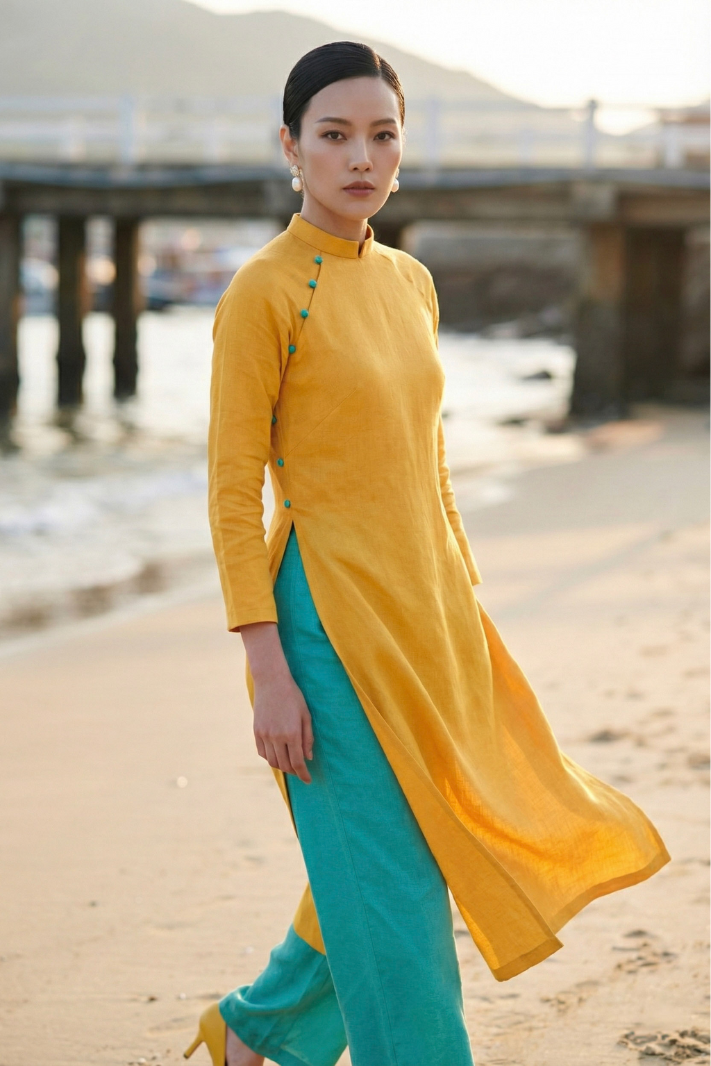 Áo dài linen vàng tay raglan thời trang Hity