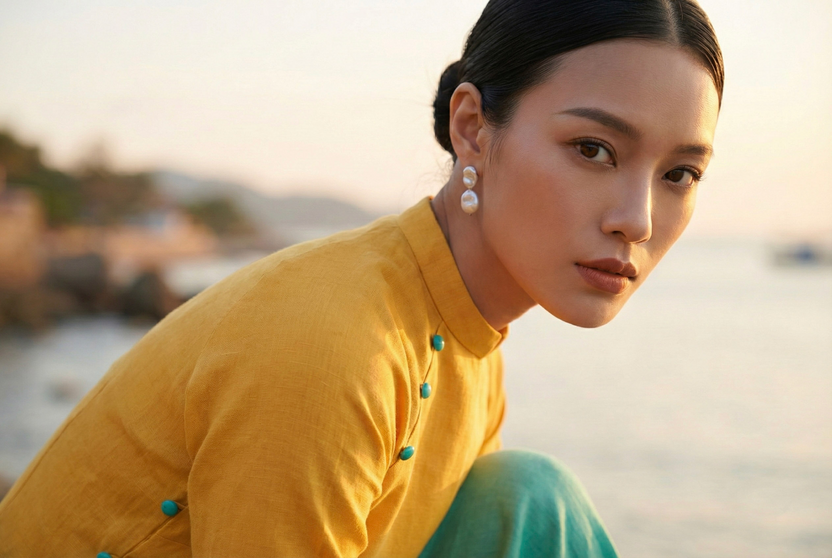 Áo dài linen vàng tay raglan thời trang Hity