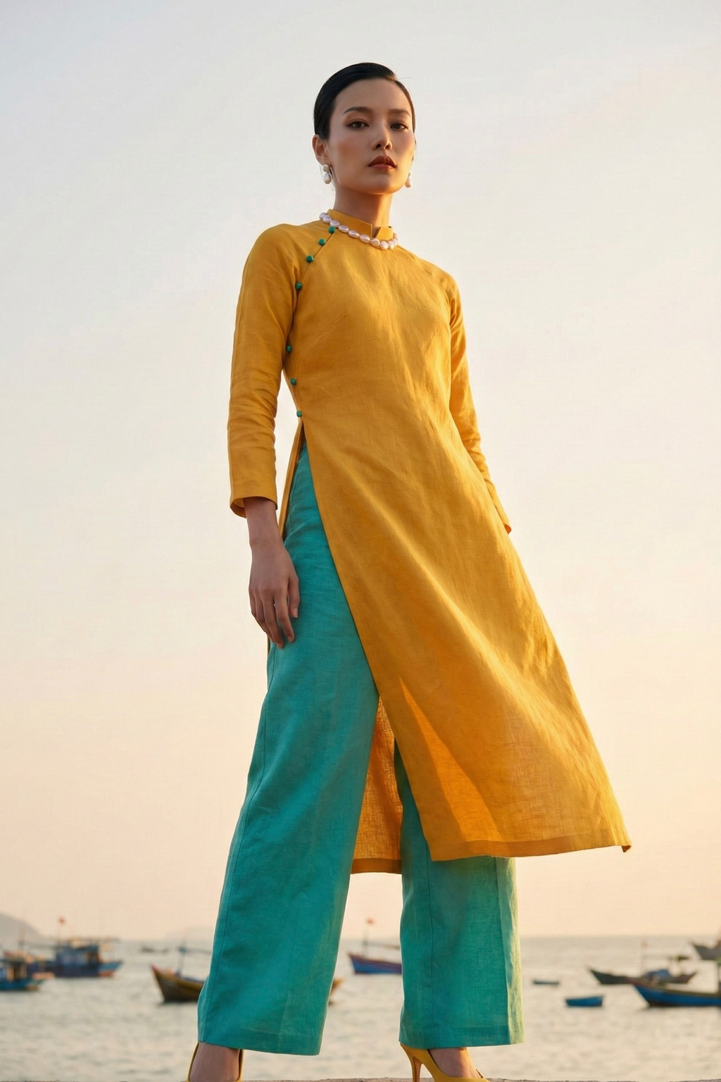 Áo dài linen vàng tay raglan thời trang Hity