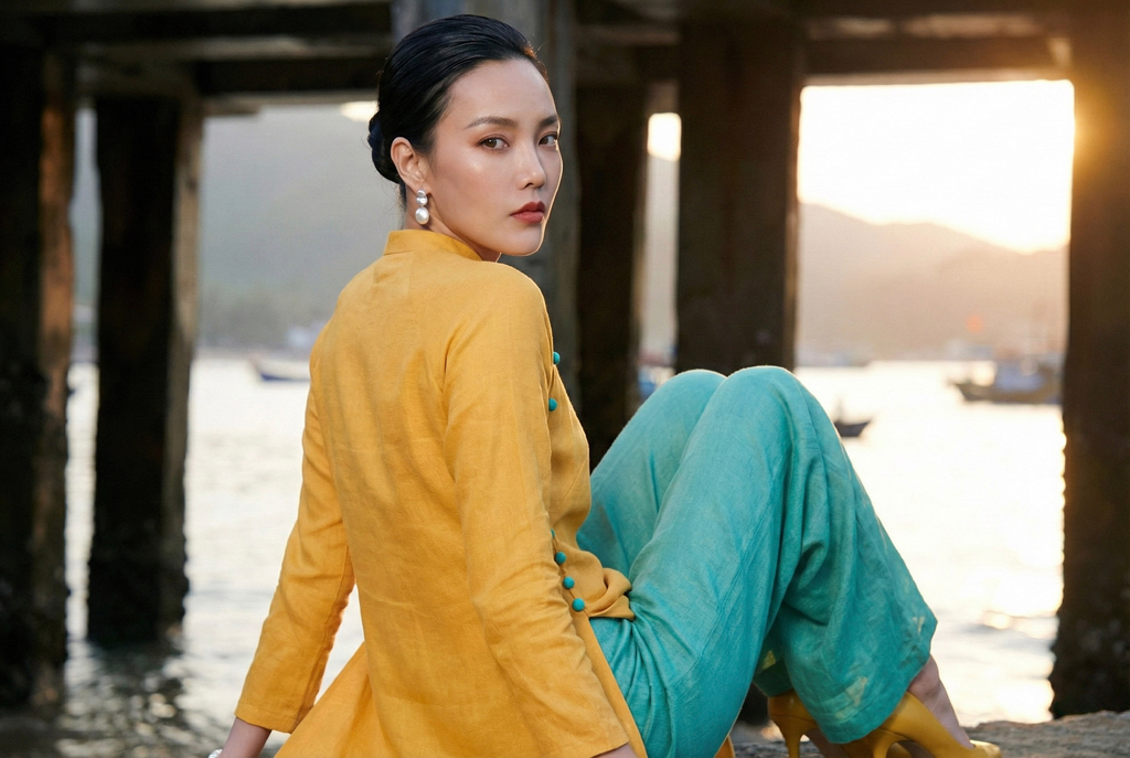 Áo dài linen vàng tay raglan thời trang Hity