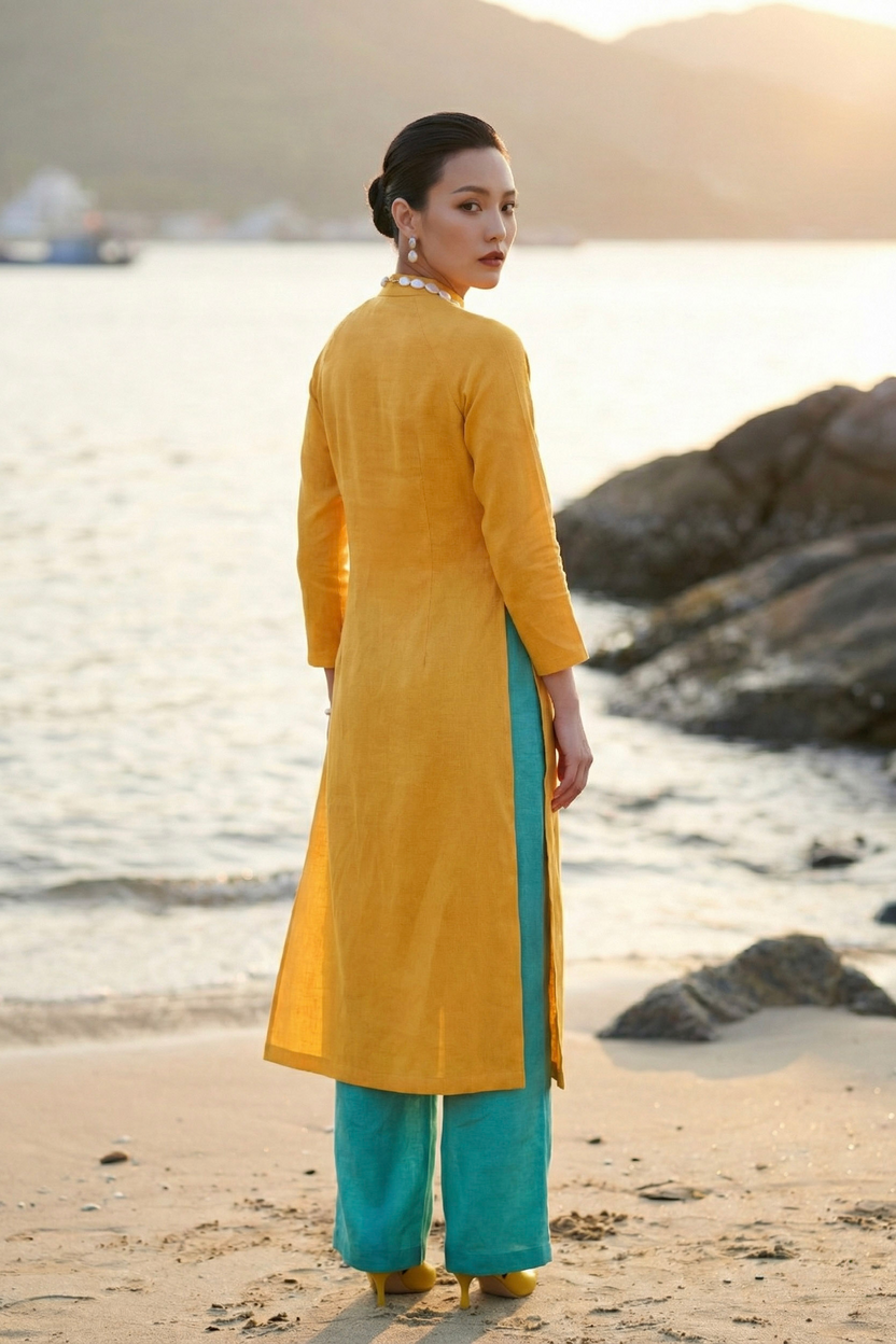 Áo dài linen vàng tay raglan thời trang Hity