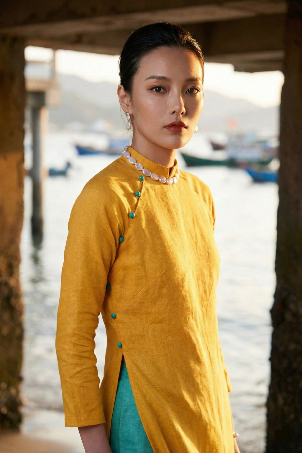 Áo dài linen vàng tay raglan thời trang Hity