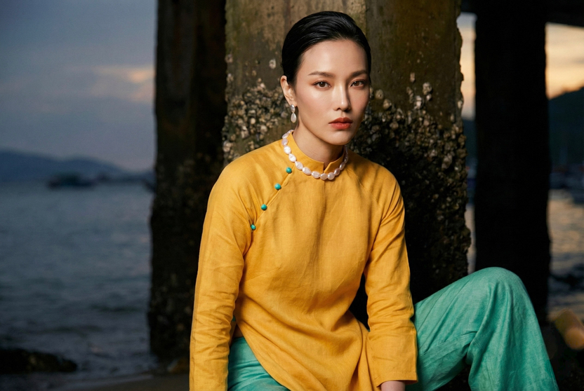 Áo dài linen vàng tay raglan thời trang Hity