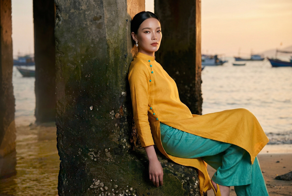 Áo dài linen vàng tay raglan thời trang Hity