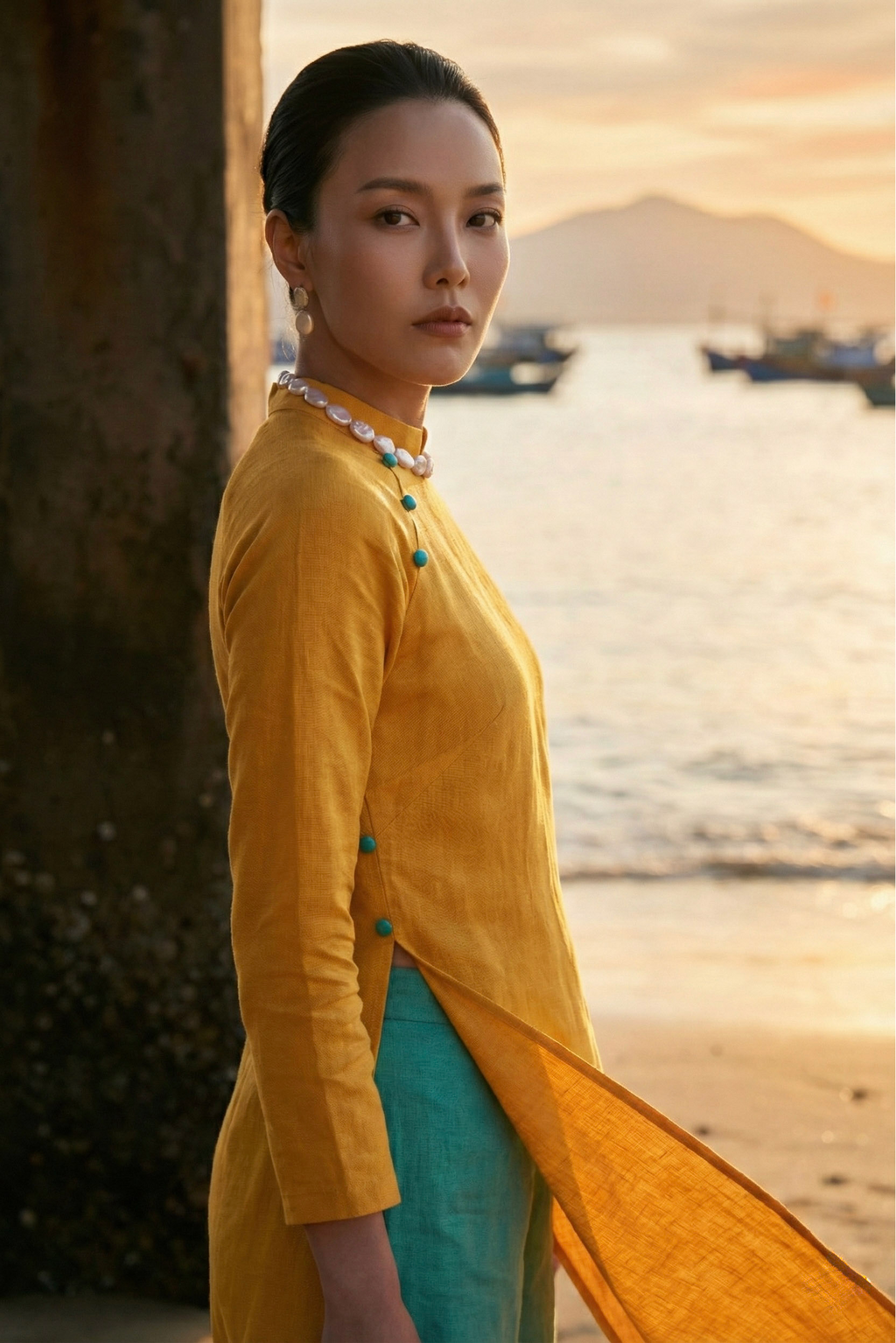 Áo dài linen vàng tay raglan thời trang Hity