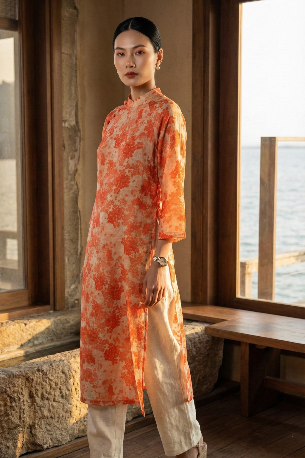 Áo dài suông vải gai xanh ramie thời trang Hity