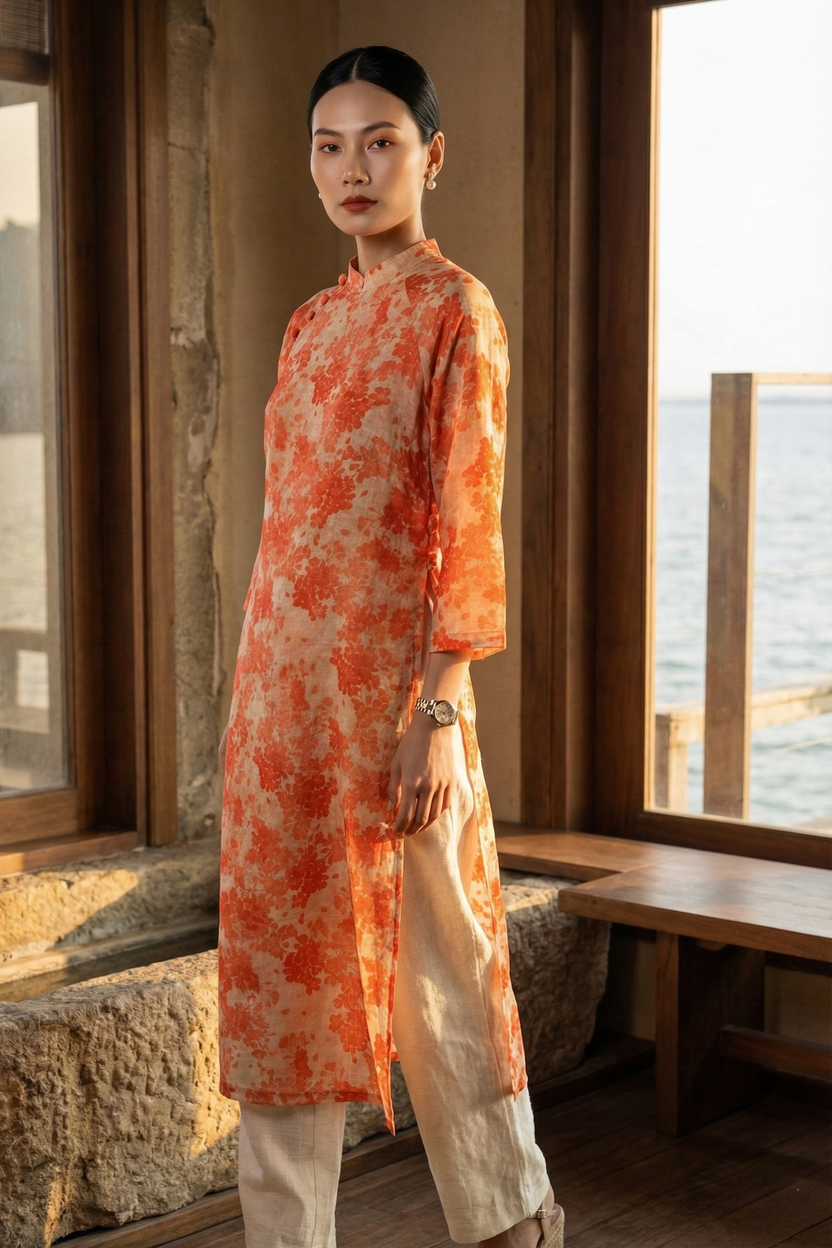 Áo dài suông vải gai xanh ramie thời trang Hity