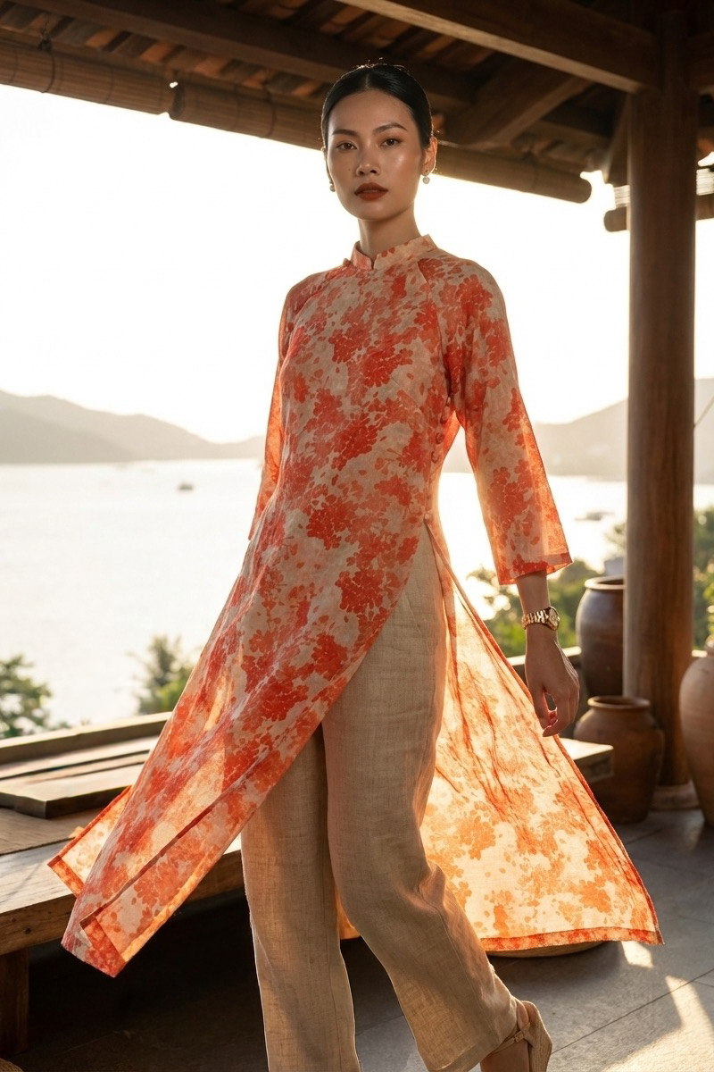 Áo dài suông vải gai xanh ramie thời trang Hity