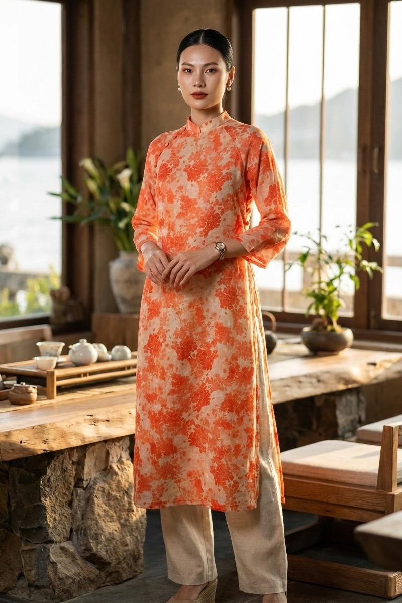 Áo dài suông vải gai xanh ramie thời trang Hity